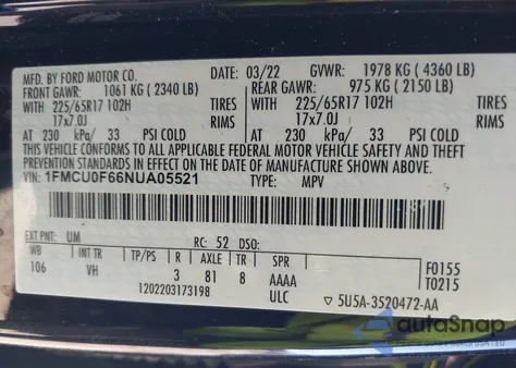 2022 Ford Escape S z USA, uszkodzony, nr VIN 1FMCU0F66NUA05521